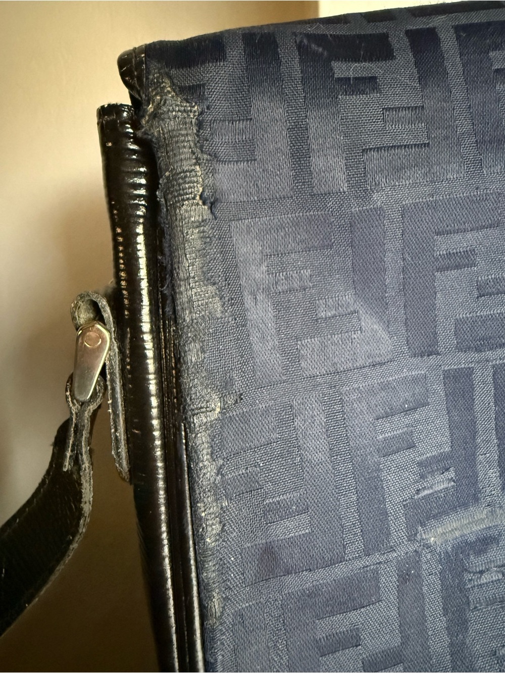 Fendi Vintage circa 90s Navy Blue Canvas Shoulder Bag with Black Leather Trim - Picture 13 of 16